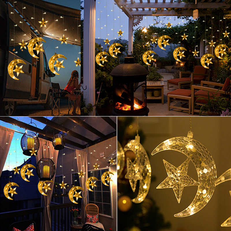 (Only stars-White) LED Stars and Moon String Lights Solar Power Christmas Decoration Waterproof Solar Lights For Outdoor Garden Patio