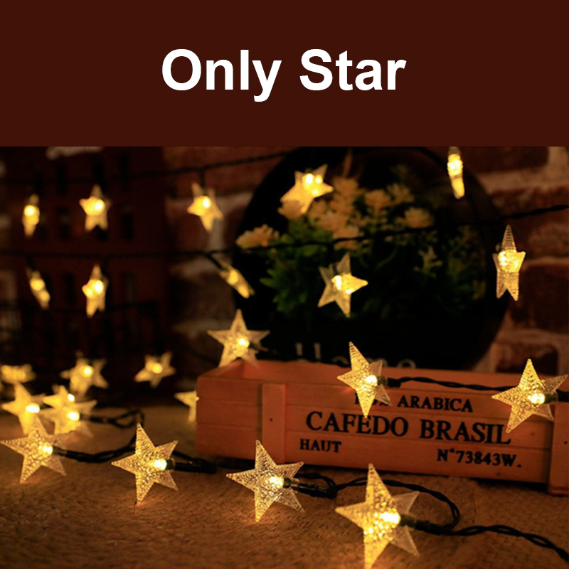 (Only stars-White) LED Stars and Moon String Lights Solar Power Christmas Decoration Waterproof Solar Lights For Outdoor Garden Patio