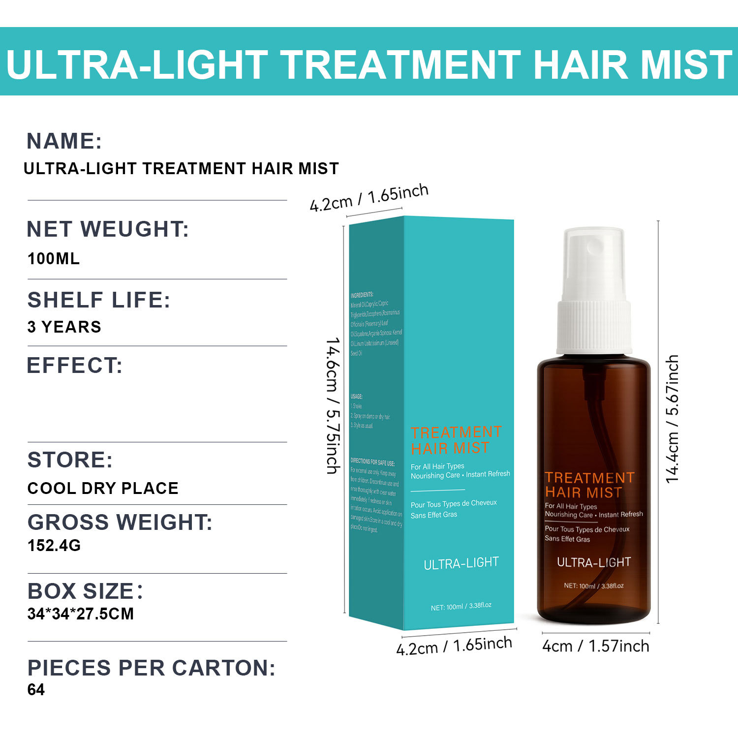 Treatment Hair Oil Mist Nourishing Smoothing For Dry Damaged Hair Daily Styling And Hydration Care 100ml