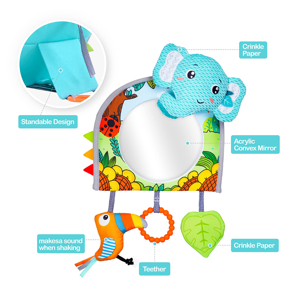 (Orange Fox) Baby Mirror Car Seat Toys Rear Teether and Crinkle Pape Fun Travel Infant  Tummy Time Toys Babies Carseat Toy for Newborns Gifts