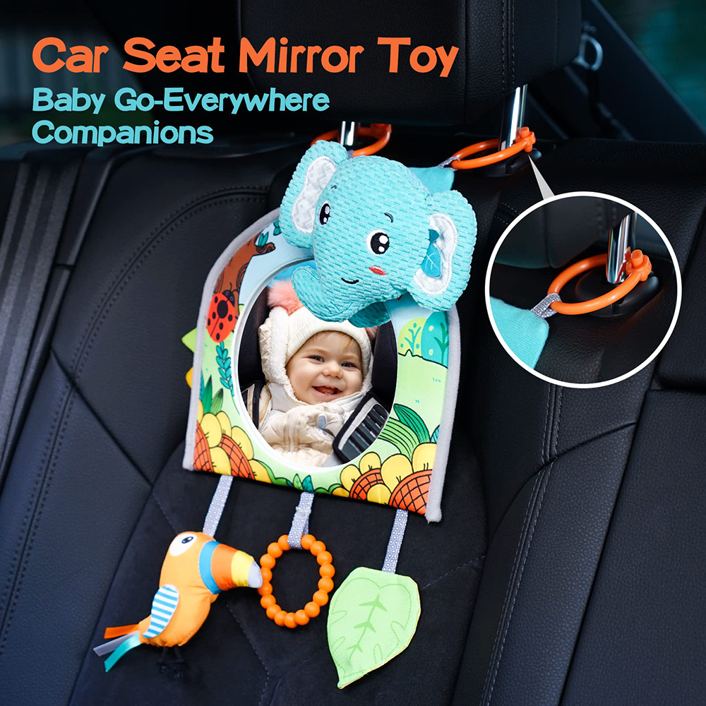 (Orange Fox) Baby Mirror Car Seat Toys Rear Teether and Crinkle Pape Fun Travel Infant  Tummy Time Toys Babies Carseat Toy for Newborns Gifts
