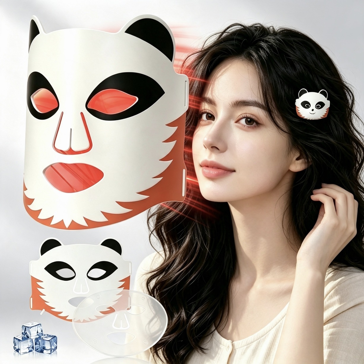 (Ice Compress Therapy Facial Mask A) LED Facial Light Mask Silicone Ice Compress Beauty Mask Red Light LED Colour Large Panel Spectrometer Photon Facial Beauty Mask Device Cordless Travel-Friendly
