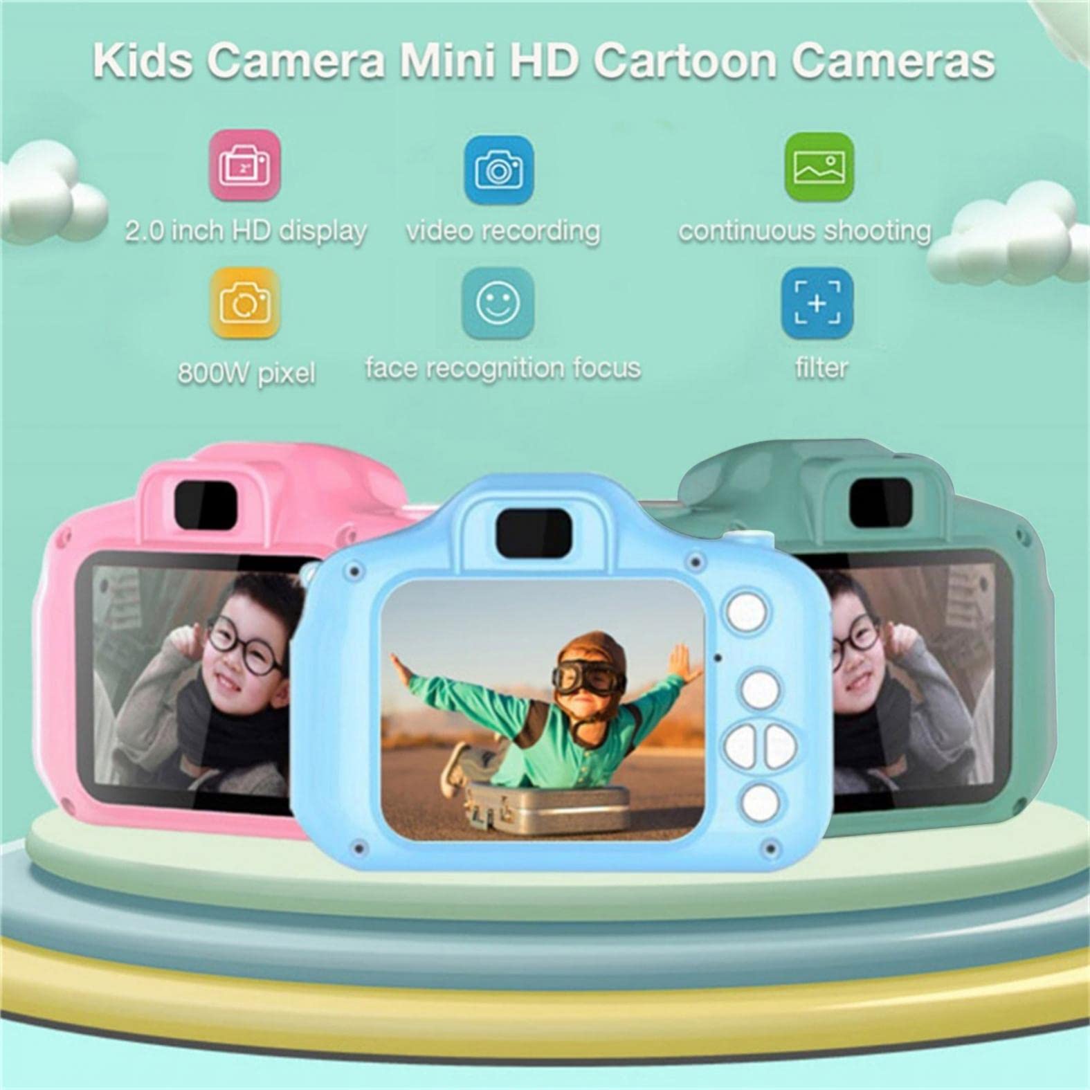 (Blue) Digital Camera Child Cartoon Outdoor Camera Children Camcorder Shockproof with 2 Inch 1080P HD Screen and 32GB SD Card Birthday Christmas Toy Gift for Kids Girls and Boys