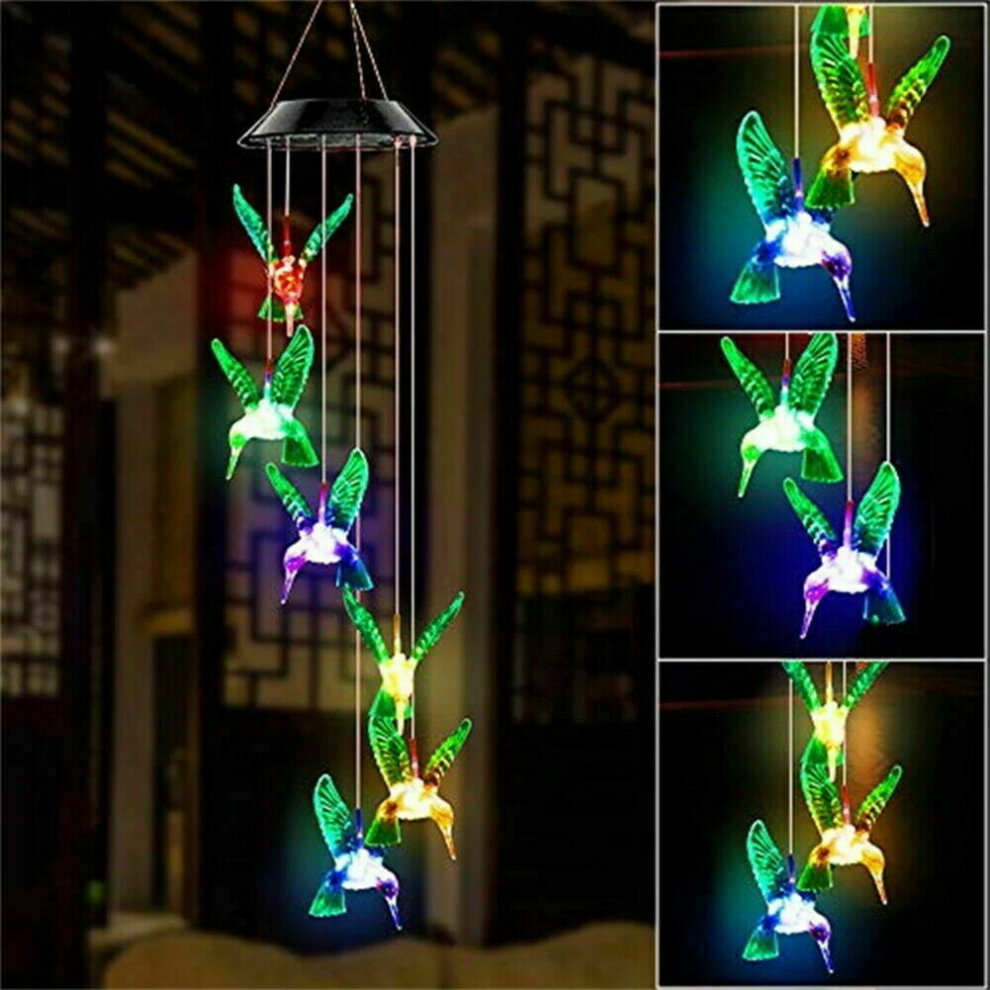 LED Colorful Solar Power Wind Chime Crystal Hummingbird Outdoor Light