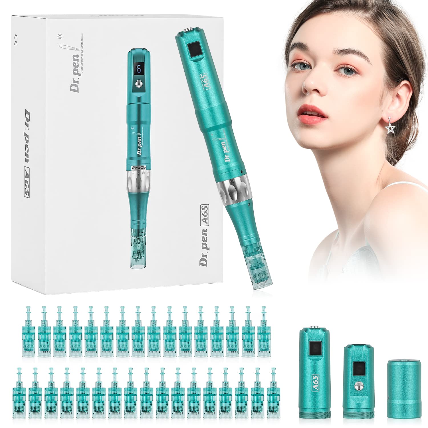 Dr.pen A6S Ultima Derma Auto Pen Microneedling Pens Wireless Electric Micro Needle Treatment Tool Kit for Skincare Wrinkle Removing Serum in 6 Speeds with 30pcs Pin Cartridges