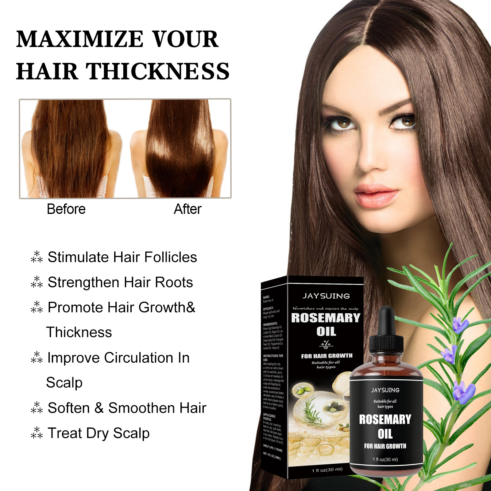 Rosemary Hair Essential Oil for Hair Growth Refresh Nourish Rosemary Oil for Hair Growth Reduce Hair Loss Prevent Split Ends 30ml