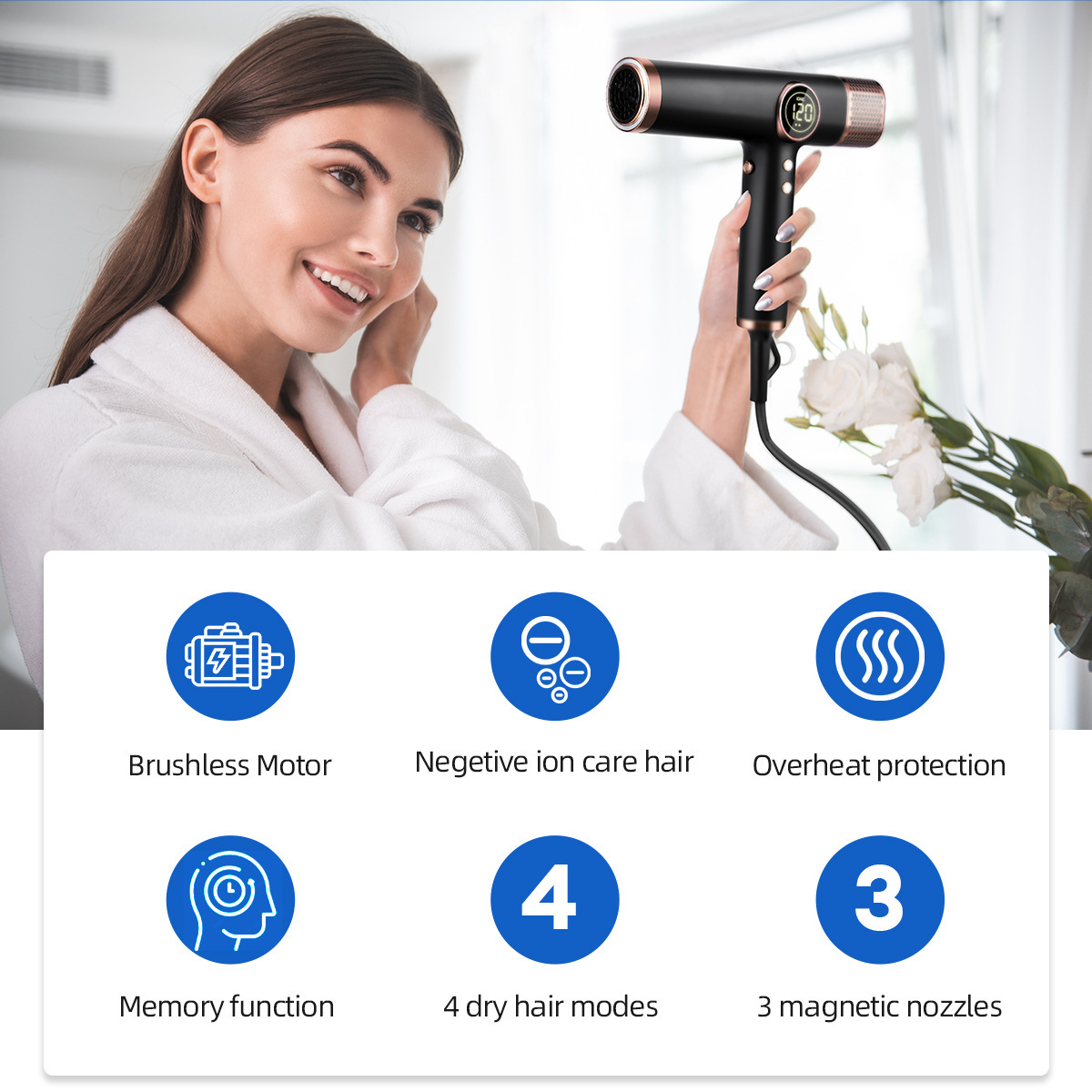 Hair Dryer Lightweight Hairdryer with 110000 RPM High Speed Motor for Fast Drying 200 Million Ionic Hairdryers for Women and Men Low Noise 3pcs Nozzle