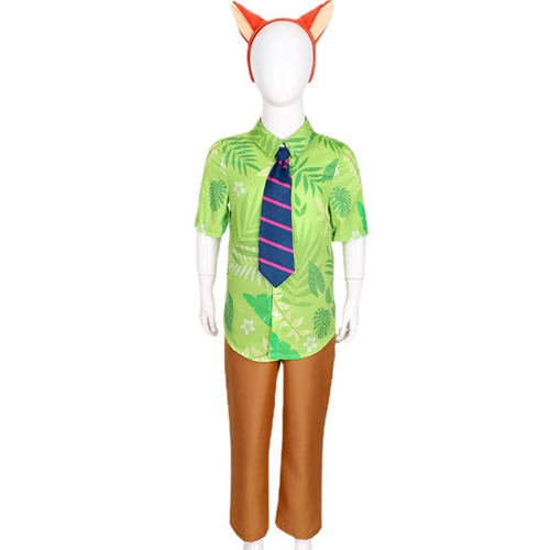(Size 110) Disney Zootopia 2 Fox Nick Wilde Classic Child Cosplay Costume Halloween Suits Kids Fancy Costume Green Printed T Shirt Hawaiian Floral Shirts Cosplay
