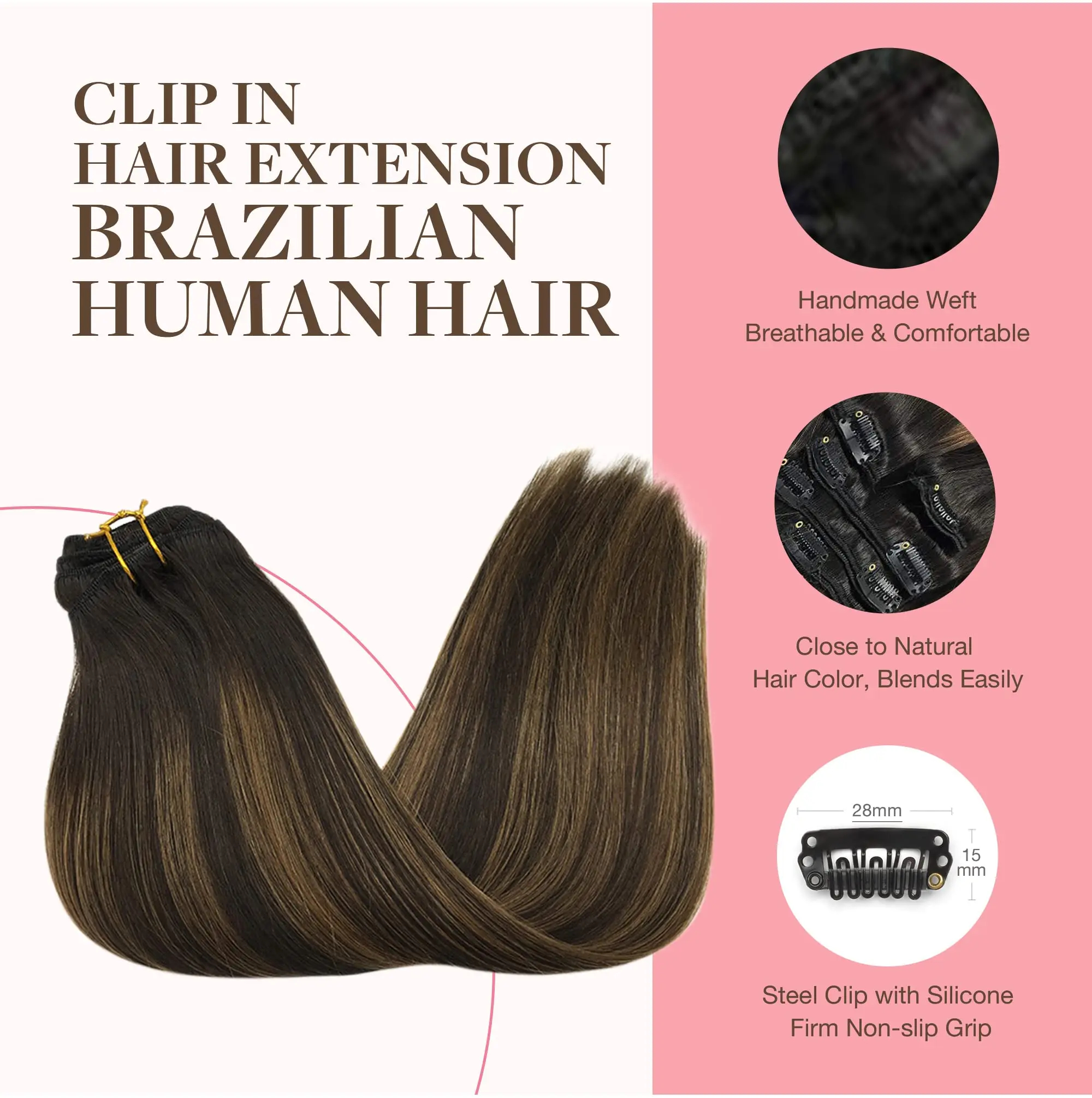 (14inch 75g) Clip In Human Hair Extensions Straight Natural Light Brown Honey Ombre Balayage Black Hair Pieces For Women Clip-in Full Head