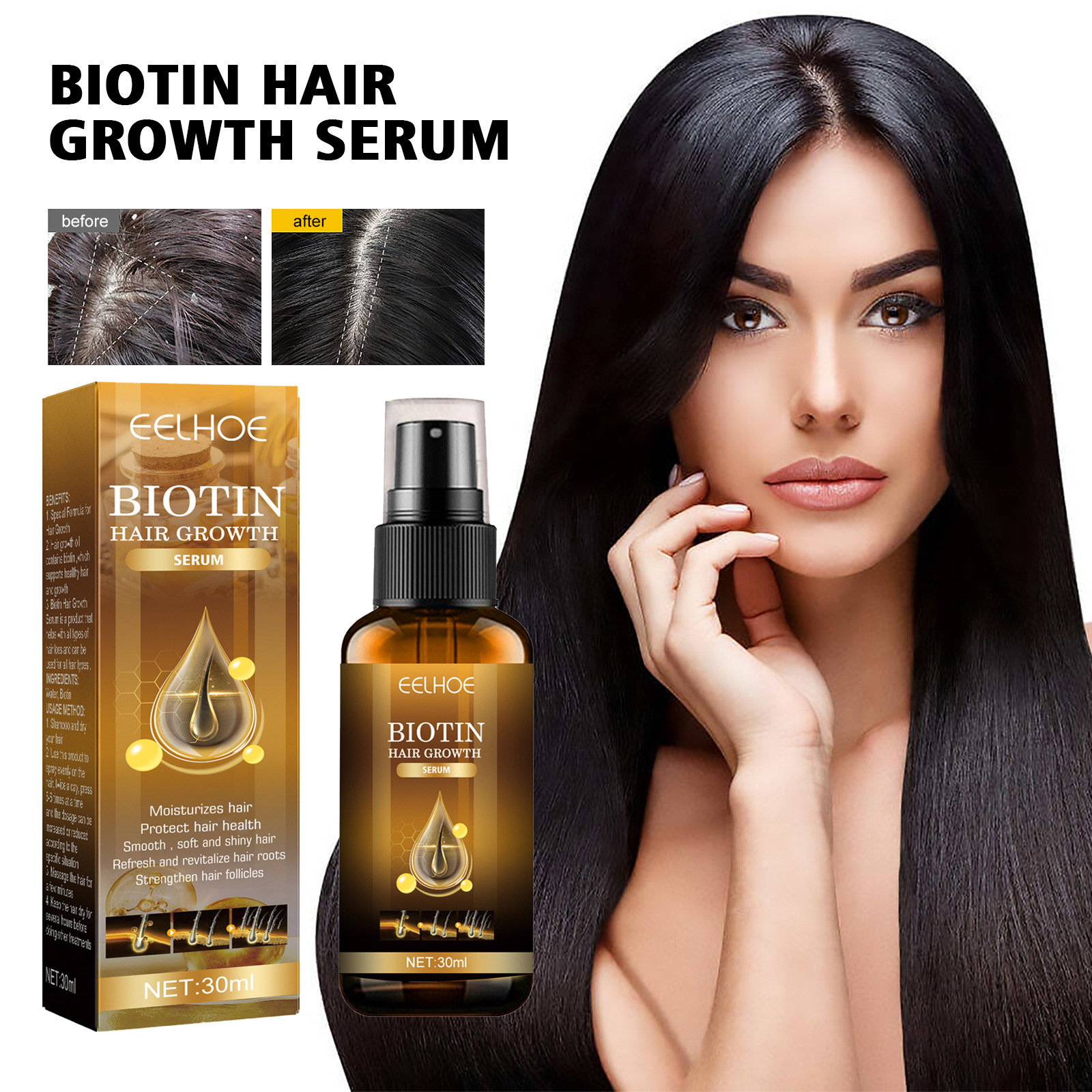 (Hair Essential Oil) EELHOE Biotin Hair Spray For Man Women Repair Damage Restore Oil Scalp Repair Serum Spray Thicken Hair Health Care Anti Hair Loss Hair Growth Treatment