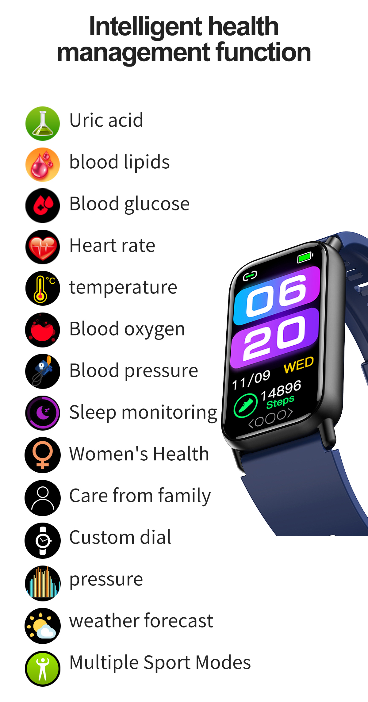 (Black) Smart Watch for Men 1.47 Inch Blood Glucose Heart Rate Blood Pressure Monitor Smartwatch Women Bracelet for Android iOS