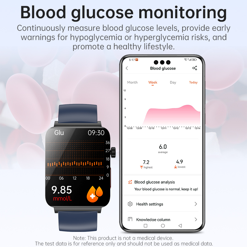 (Black) Smart Watch BT Calling ECG Non Invasive Blood Glucose Health Heart Rate BP Body Temperature Monitoring Sports Fitness Tracker Men Women Bracelet