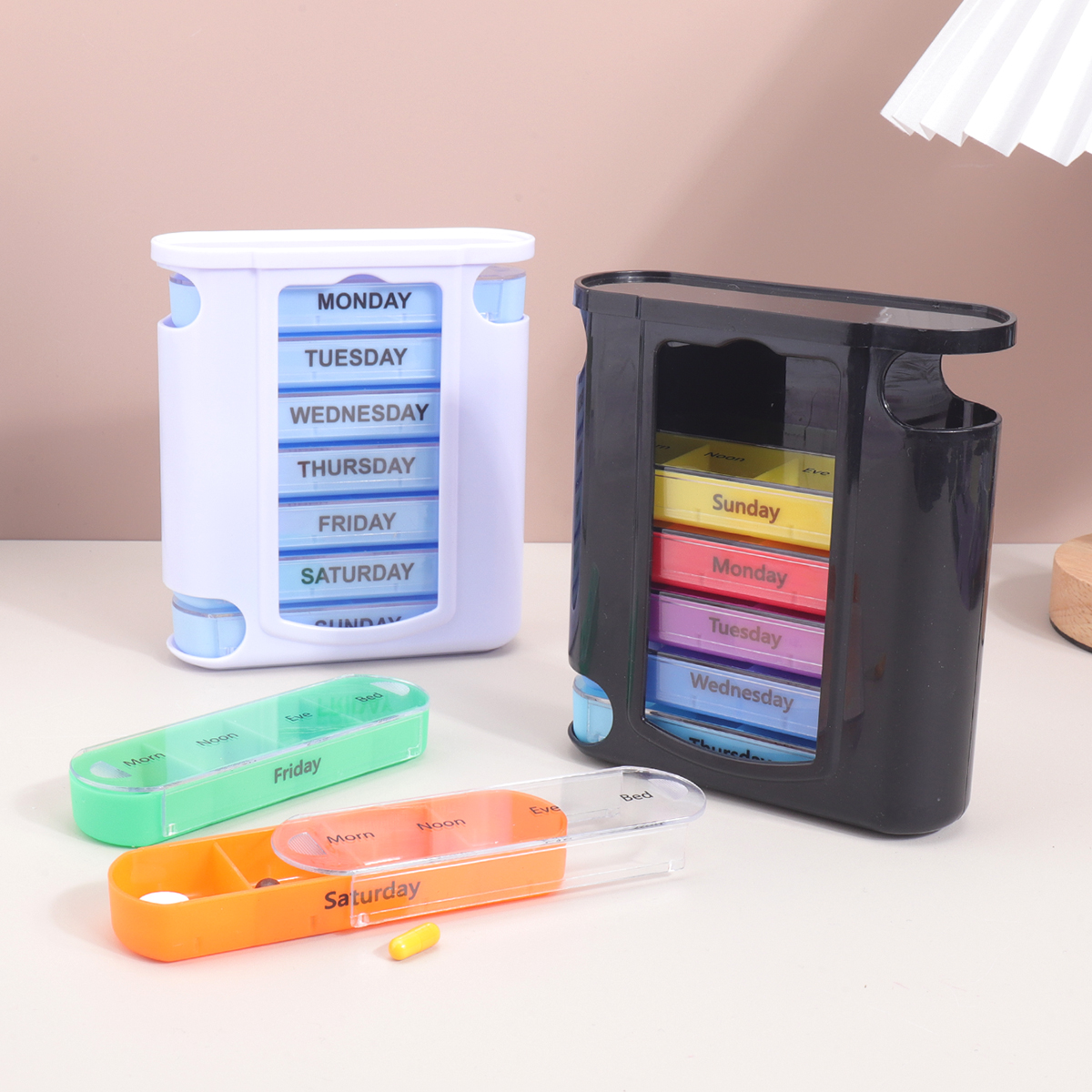 (Transparent) Portable Pill Medicine Box Weekly Monthly Tablet Holder Storage Organizer Container Case 7 Days Pill Box Pill Case for Medicine Vitamin Supplements Fish Oils