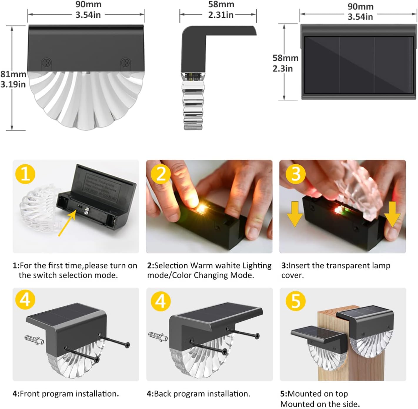 (6 pcs) Outdoor Solar Lights Solar Fence Lights Warm White Color IP65 Waterproof Solar LED Wall Light for Garden Fence Yard Garage Garden