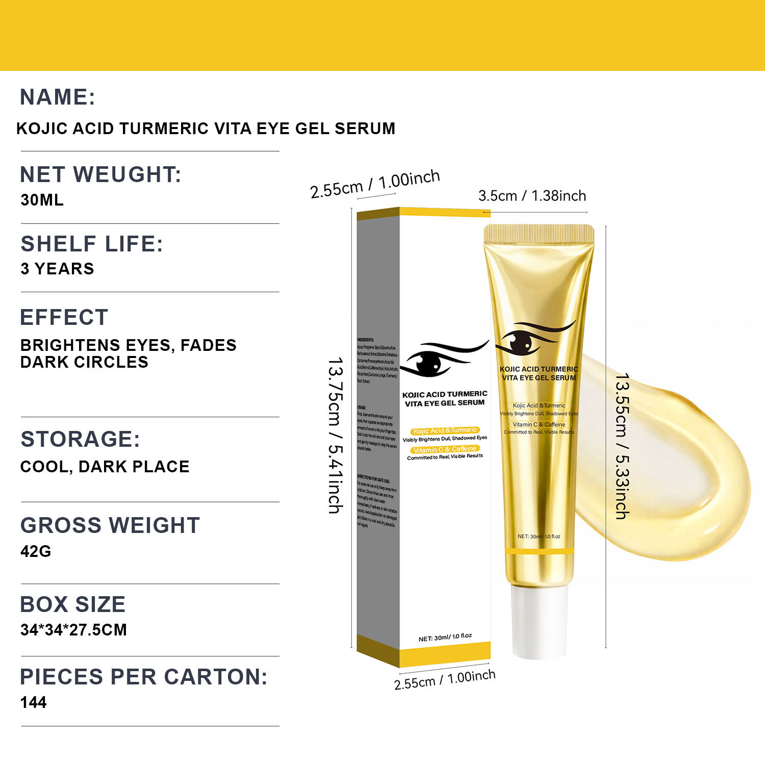 Ursolic Acid Turmeric Vitamin E Eye Gel Serum For Anti Aging Fine Lines Hydrating Daily Eye Care Treatment 30ml