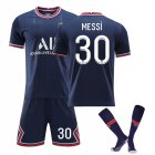 PSG Jersey Kit Messi Name Jersey Set Include Shorts T-Shirt Socks 21-22 Paris Home Football Kits Teens Kids Boys Football Jersey Sport Training Jersey Suit Childrens France Football Jersey Sports Suit Number 30 Blue