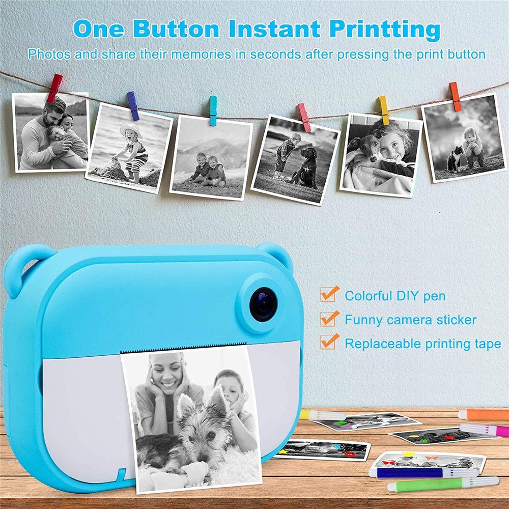 (Blue) Kids Instant Print Camera Video Photo Camera No Ink Instant Camera Mini Educational Toys 1080P Projection HD Screen Birthday Holiday Christmas Gift for Kids Girls Boys Teens