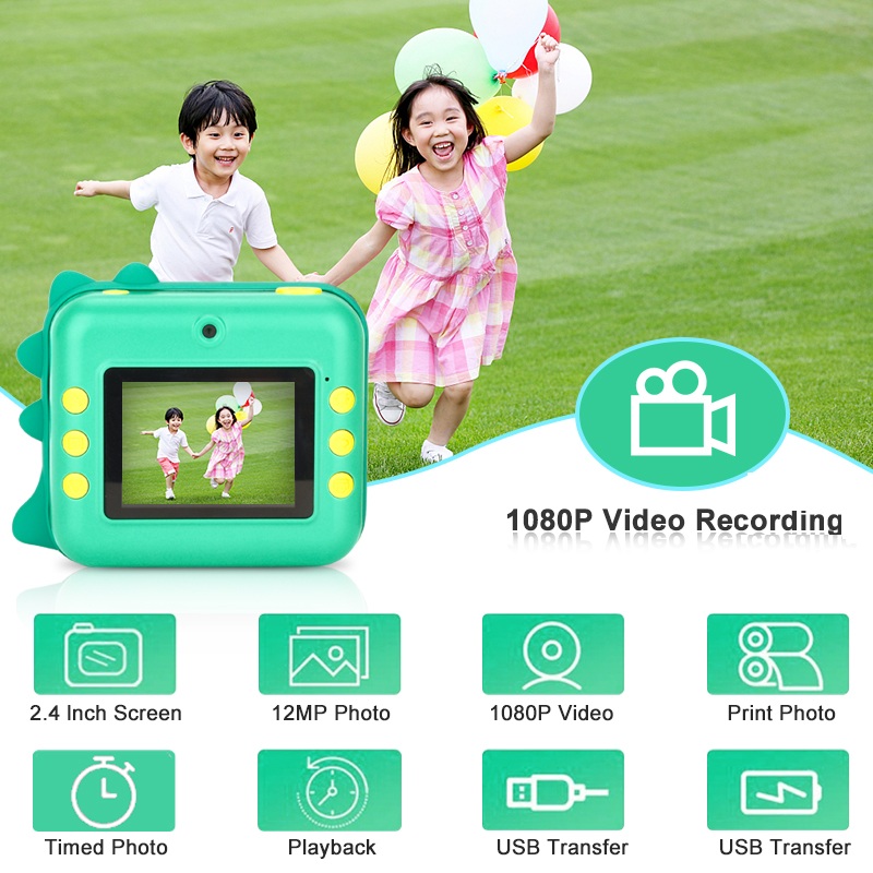 (Dinosaur) Instant Print Camera 1080P Kids Digital Camera Photo Print Camera Video Recorder with 32GB TF Card 2 Rolls Print Paper Gifts for 3-12 Year Old Boys Girls