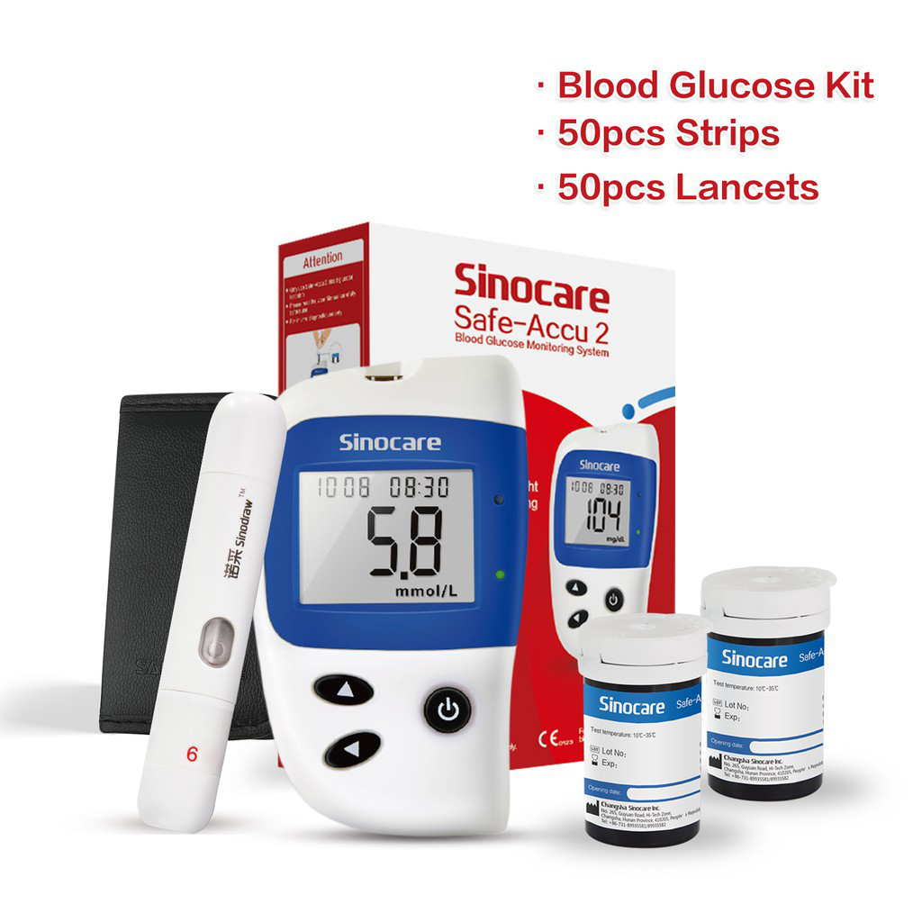(Host mg/dL+50X test paper+50X needles) Sinocare Safe-Accu 2 Blood Glucose Meter Glucometer Kit Diabetes Tester 50Test Strips Lancets Medical Blood Sugar Meter