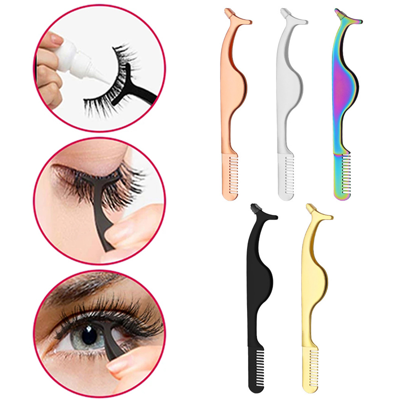 (Silver) False Eyelash Tweezers Clips Eyelash Extension Tweezers Remover Tools Fake Lashes Applicator Fake Eye Lash Aid Forcep Tools Stainless Steel Lash Curler Comb