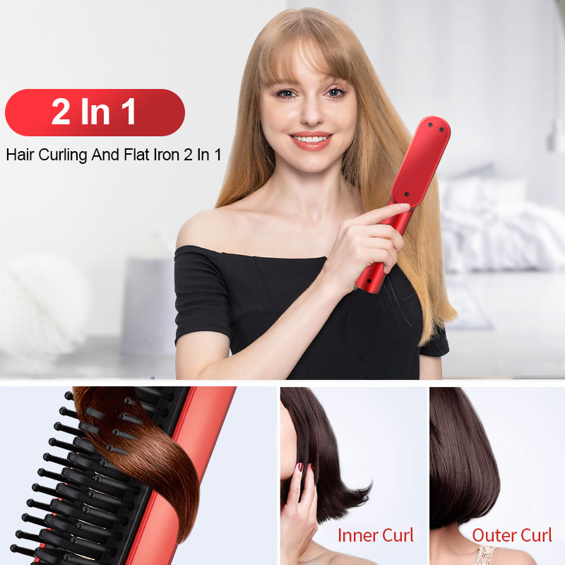 (White) Hair Straightener Comb Electric Ceramic Straightening Brush Hair Curler Comb Wireless Hot Comb Portable Frizz-Free Fast Heating Rechargeable Household