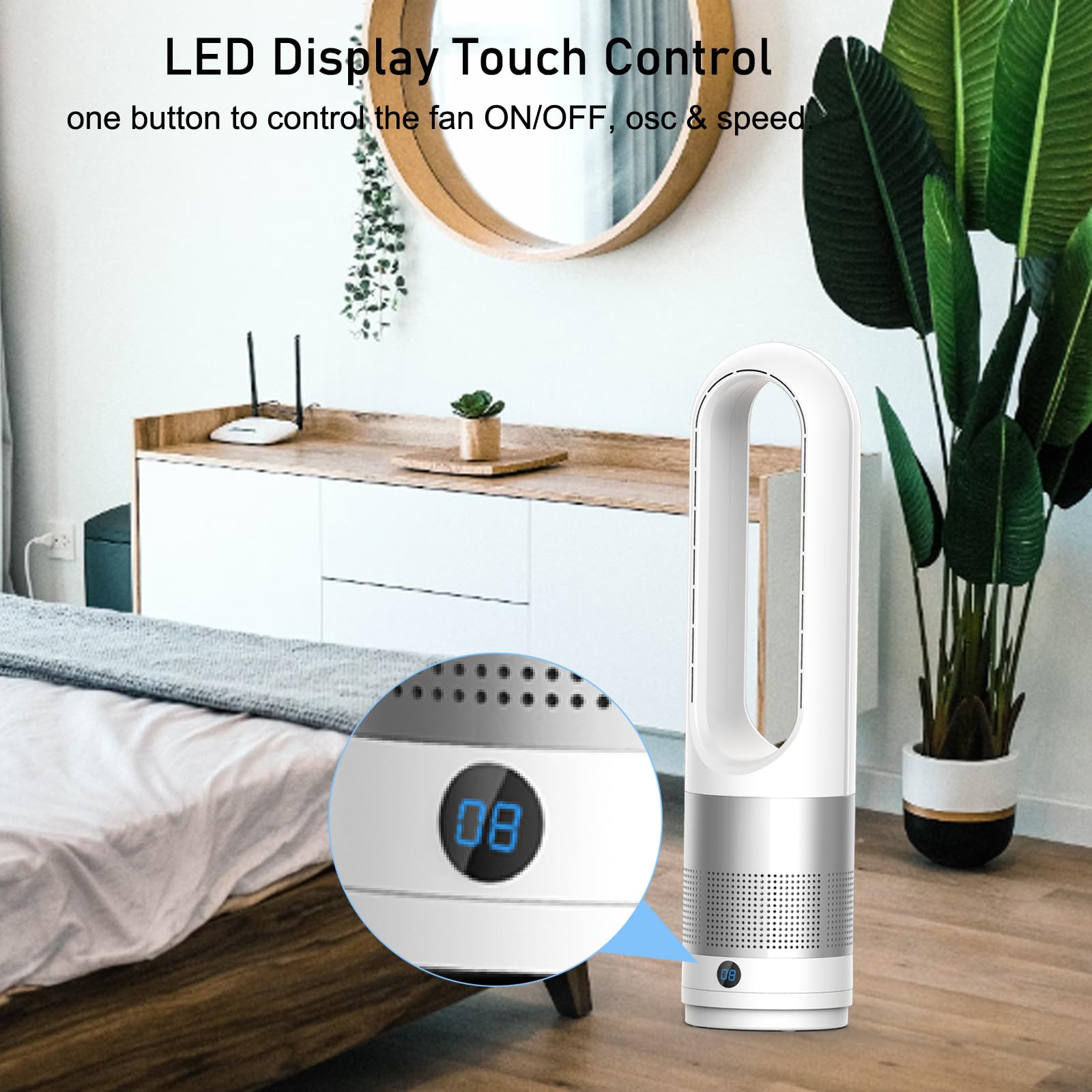 Bladeless Fan Cooler Total 23.62 inch Oscillating Tower Fan with Remote Control 8 Speed Settings 8 Hour Timer Super Quiet Touchable Pedestal Fan for Home Office Bedroom