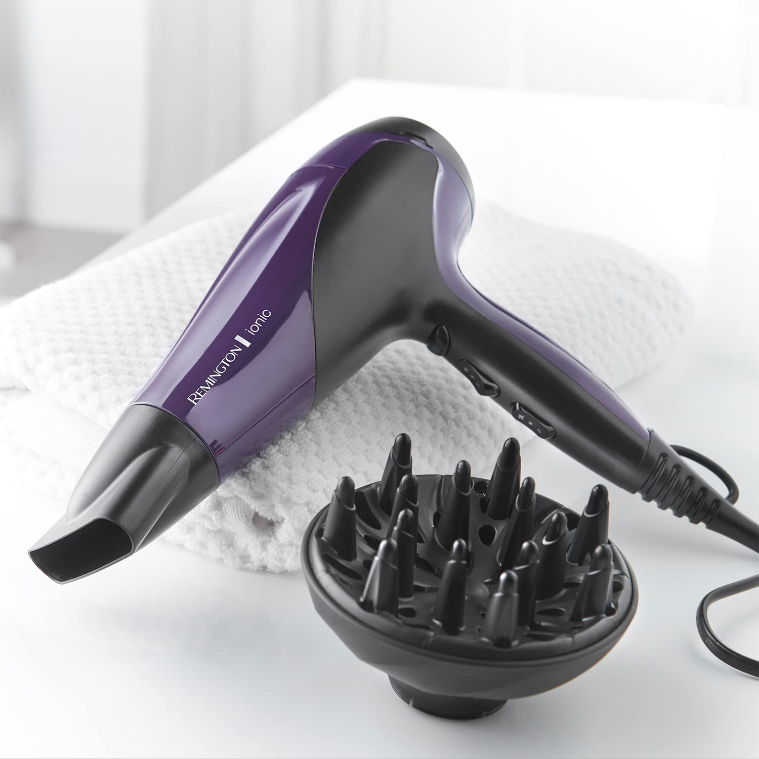 Remington Hair Dryer Ionic Powerful Fast Professional Styling Diffuser Concentrator Ionic Conditioning for Frizz Free Hair 3 Heat 2 Speed Settings Cool Shot 2200W Purple D3190