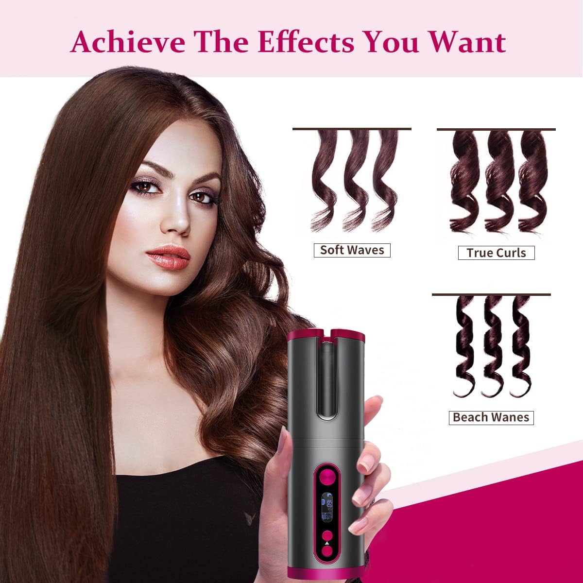 (Grey) Hair Curler Rotating Curling Tongs Curling Iron Cordless Auto Curler Restriction Rechargeable Ceramic Professional Hair Curler USB ChargingPortable