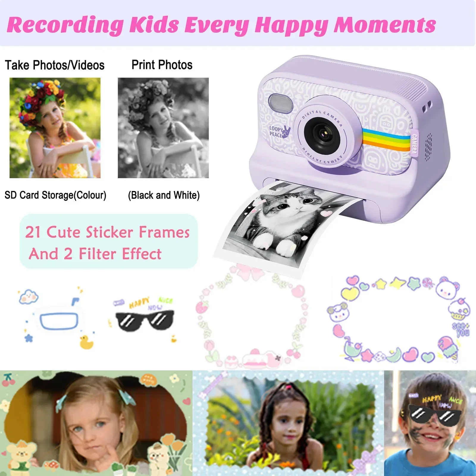 Instant Print Camera for Kids 2.0 Inch Screen Kids Instant Cameras Christmas Birthday Gifts for Girls