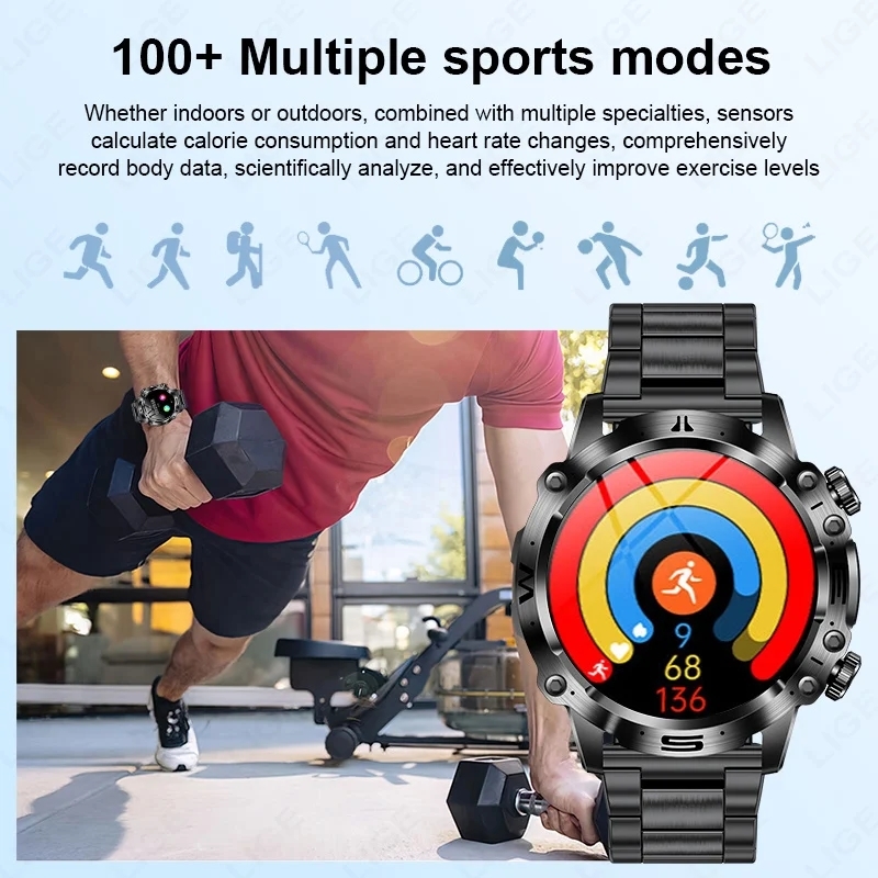 (Blue) Blood Lipids Uric Acid Blood Glucose Smart Watch For Men Bluetooth Call Health Smartwatch