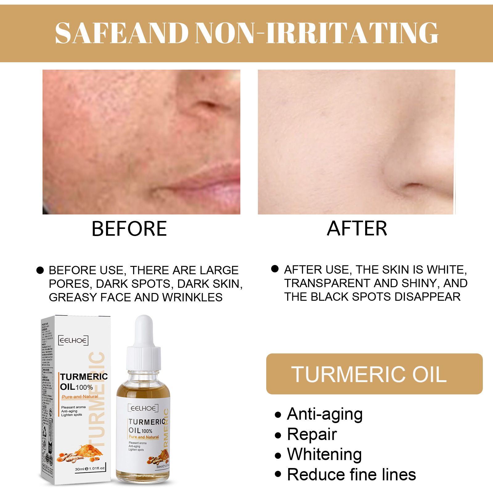 Turmeric Face Serum Freckle Shrink Pore Essence Repair Melanin Brighten Moisturizing Nourish Cur-cumin Oil Fade Dark Spot Anti Aging Essential Skin Care