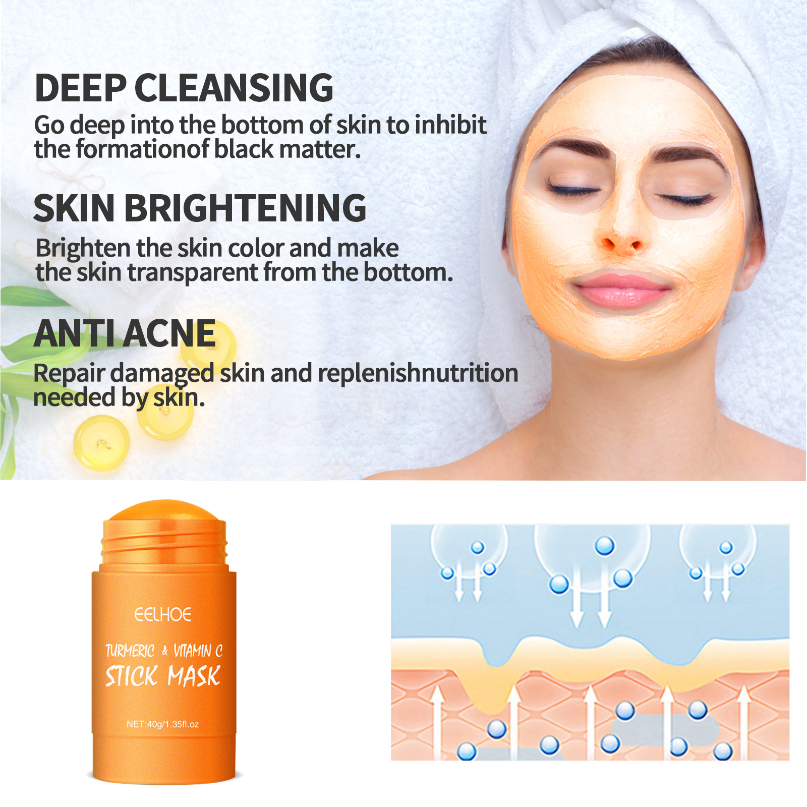 Organic Turmeric Face Mask Stick Deep Cleaning Shrink Pores Hydration Moisturizer Blackhead Remover Acne Scars Reduction Exfoliating Facial Care Mask.