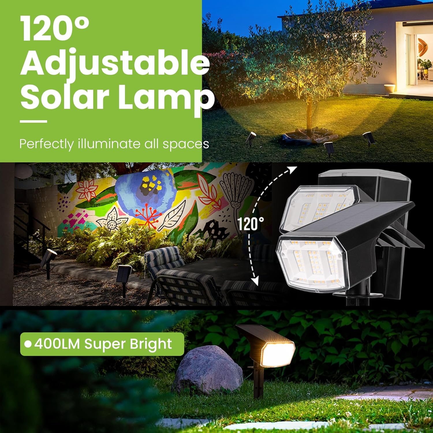 (White) Solar Spot Lights Outdoor Garden 63 LED Solar Powered SpotLights 3 Modes IP65 Waterproof Garden UpLighters for Yard Pathway Patio Driveway 
