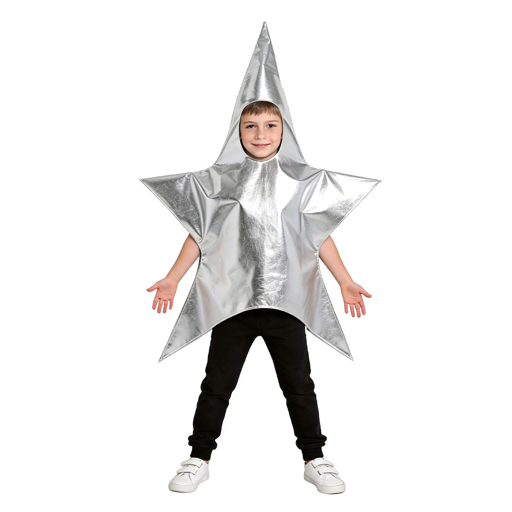 (Sliver) Kids Five Point Star Costume Shiny Skin Cosplay Outfit for Halloween Party Family Matching Performance