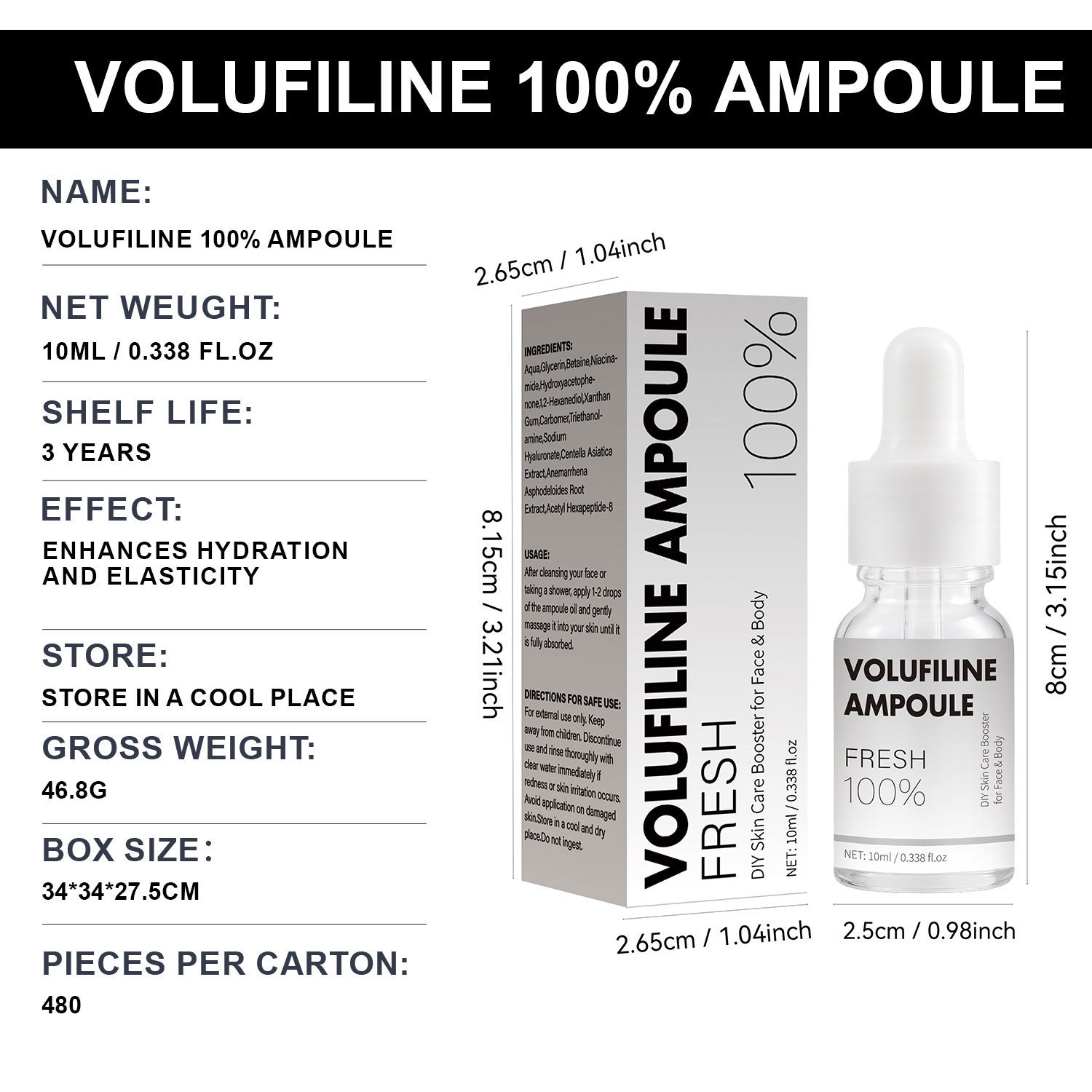 100% Ampoule Concentrate Hydrating Moisturising Serum for Soft Skin Daily Home Care Clear 10ml