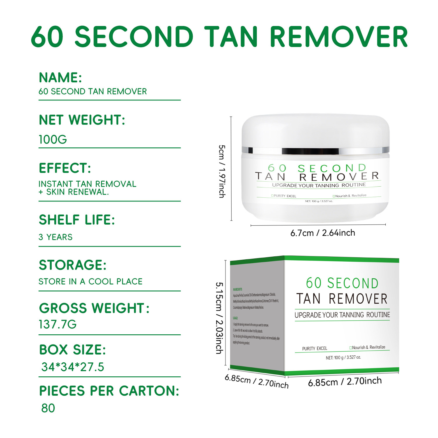 Tan Remover Cream For Fading Bronzed Color Evening Skin Tone Daily Body Moisturizing Treatment 100g