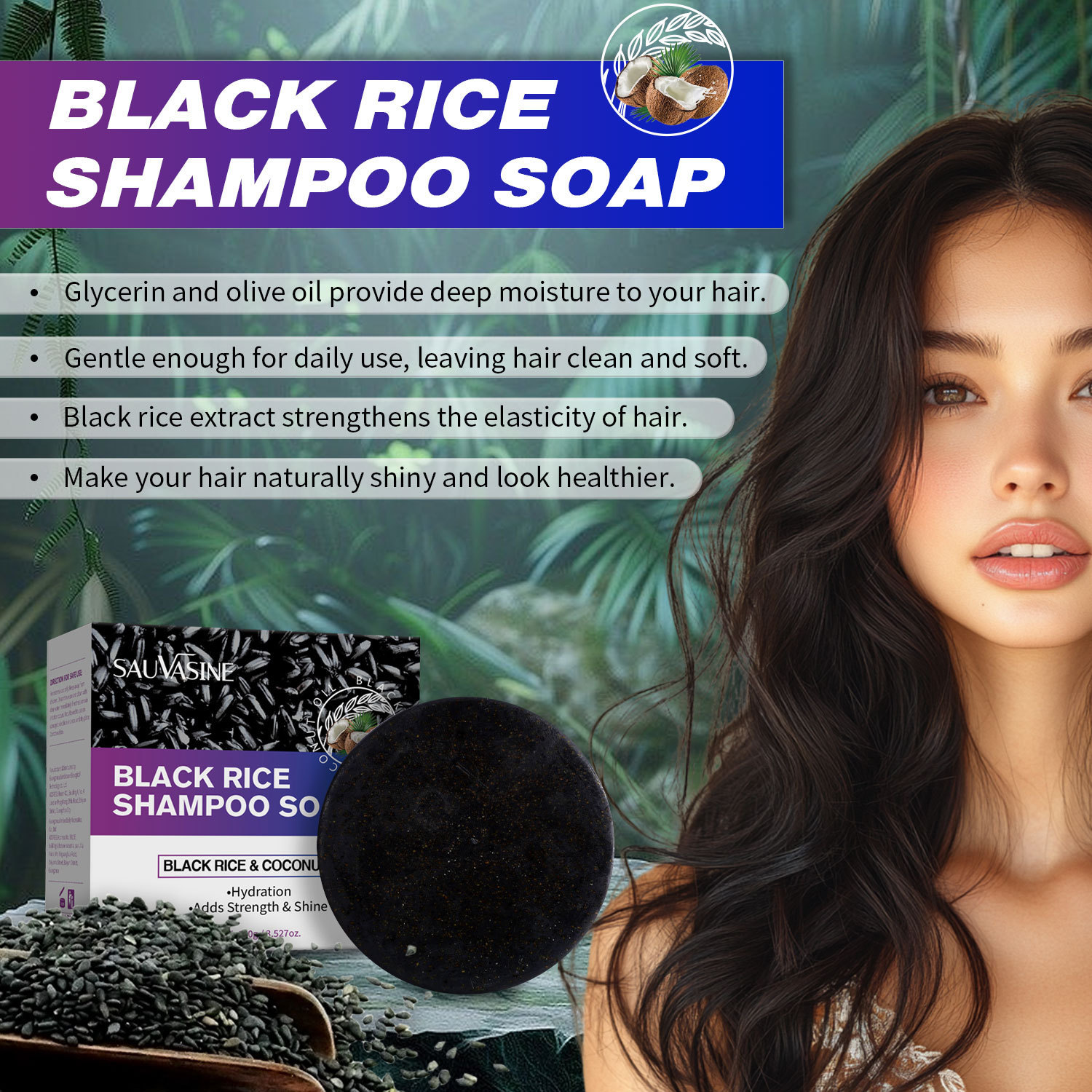 Black Rice And Black Seed Shampoo Bar Nourishing Scalp Strengthening Hair Roots For Dry Damaged Hair Daily Care 100g