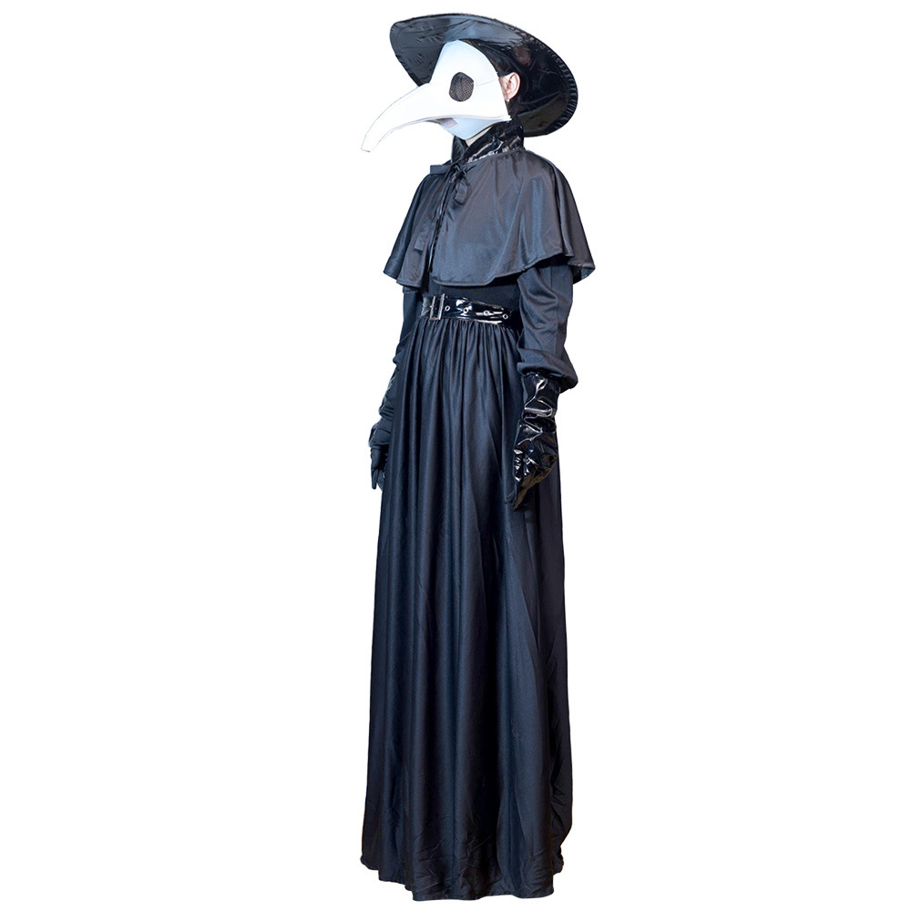 (S) Plague Doctor Halloween Cosplay Outfit Black Beak Raven Mask Horror Physician Costume