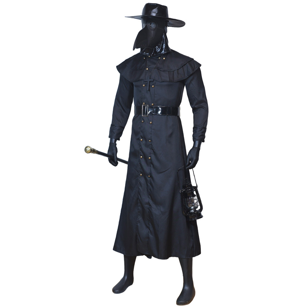 (S) Plague Doctor Halloween Cosplay Outfit Black Beak Raven Mask Horror Physician Costume