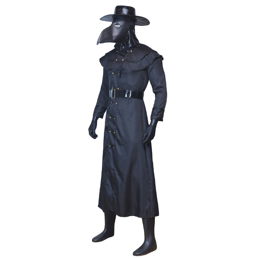 (S) Plague Doctor Halloween Cosplay Outfit Black Beak Raven Mask Horror Physician Costume