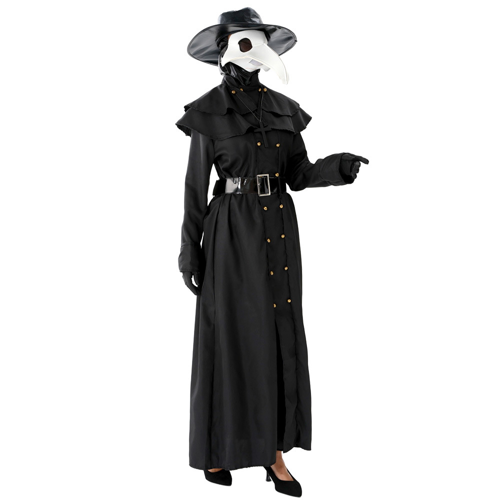 (S) Plague Doctor Halloween Cosplay Outfit Black Beak Raven Mask Horror Physician Costume