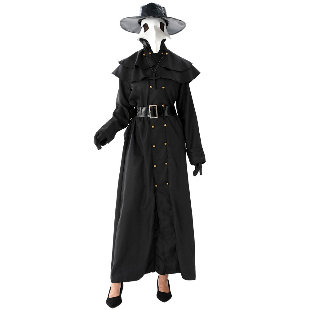 (S) Plague Doctor Halloween Cosplay Outfit Black Beak Raven Mask Horror Physician Costume