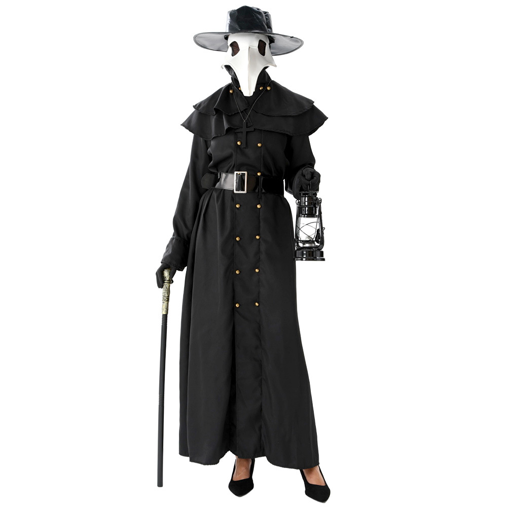 (S) Plague Doctor Halloween Cosplay Outfit Black Beak Raven Mask Horror Physician Costume