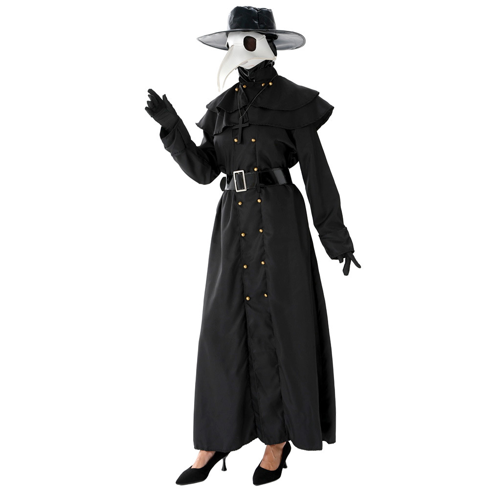 (S) Plague Doctor Halloween Cosplay Outfit Black Beak Raven Mask Horror Physician Costume