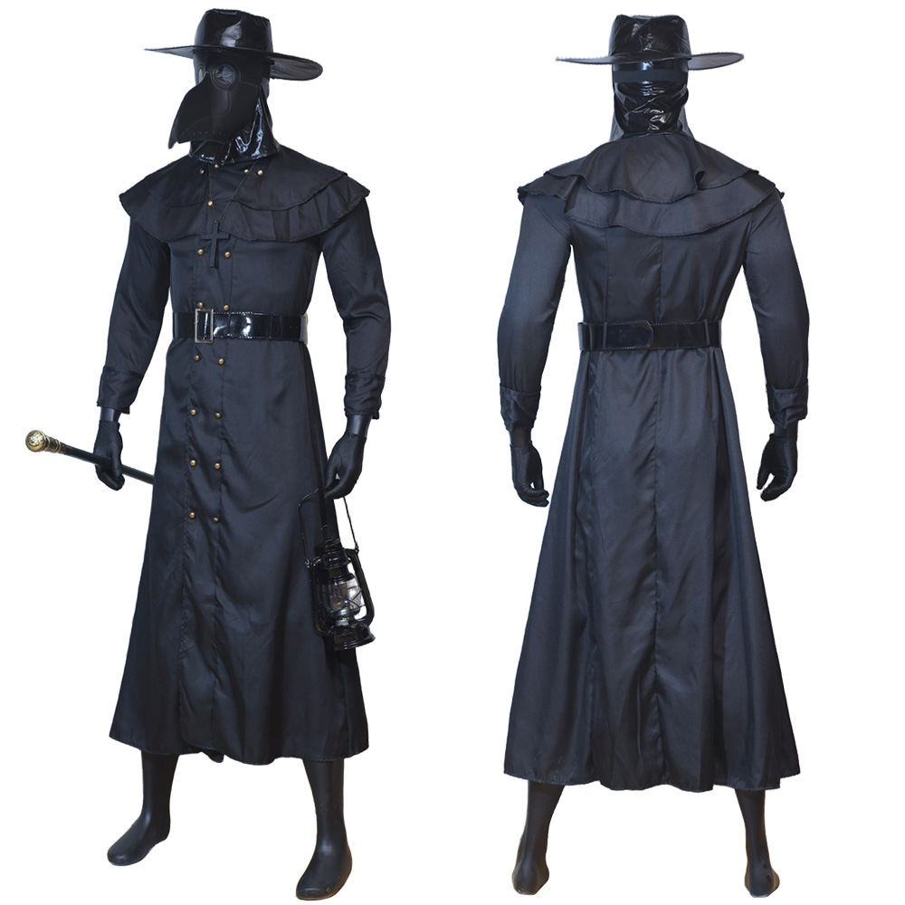 (S) Plague Doctor Halloween Cosplay Outfit Black Beak Raven Mask Horror Physician Costume