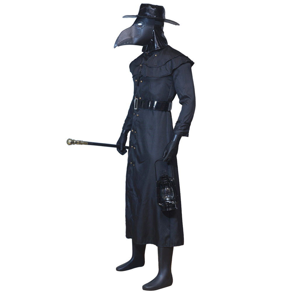 (S) Plague Doctor Halloween Cosplay Outfit Black Beak Raven Mask Horror Physician Costume