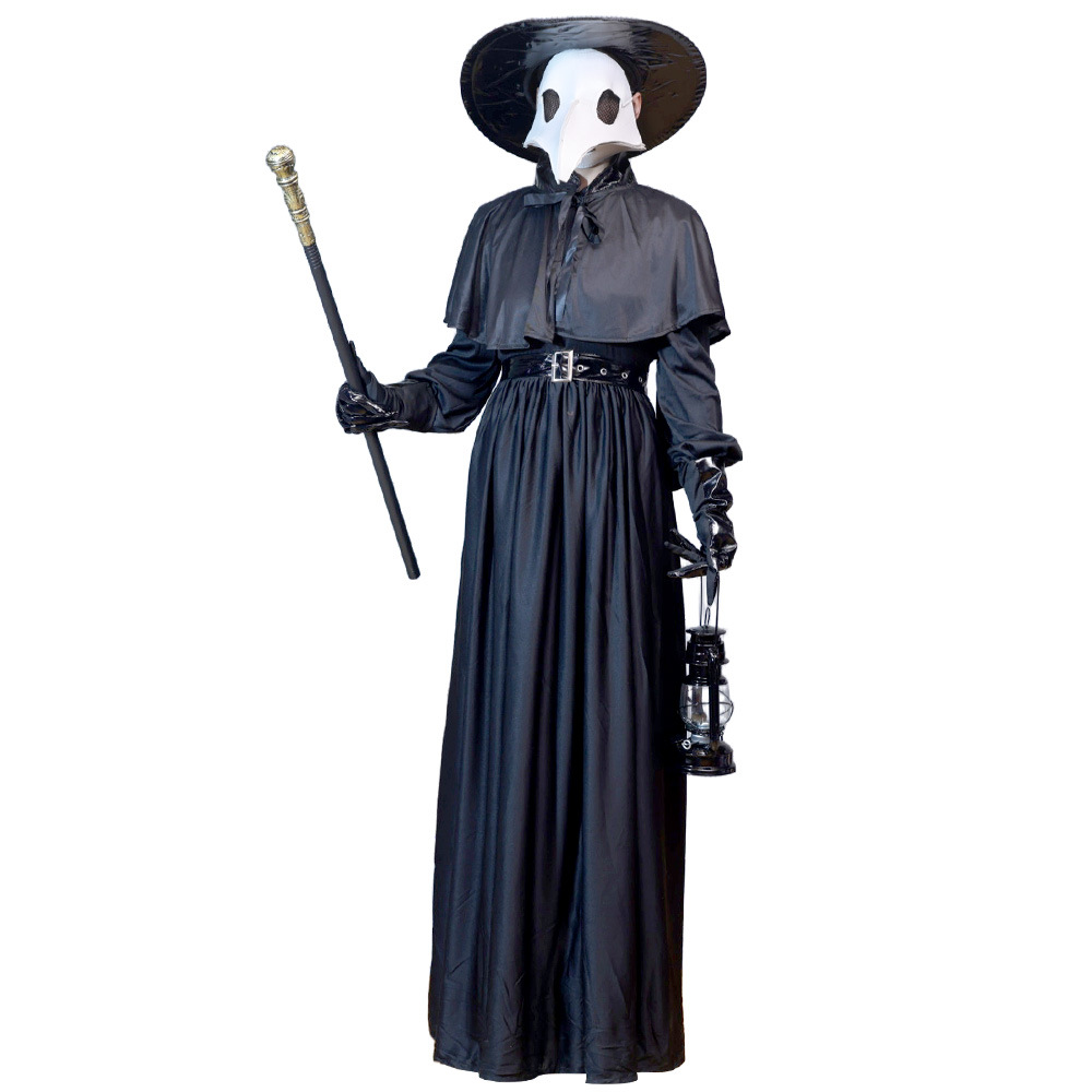 (S) Plague Doctor Halloween Cosplay Outfit Black Beak Raven Mask Horror Physician Costume