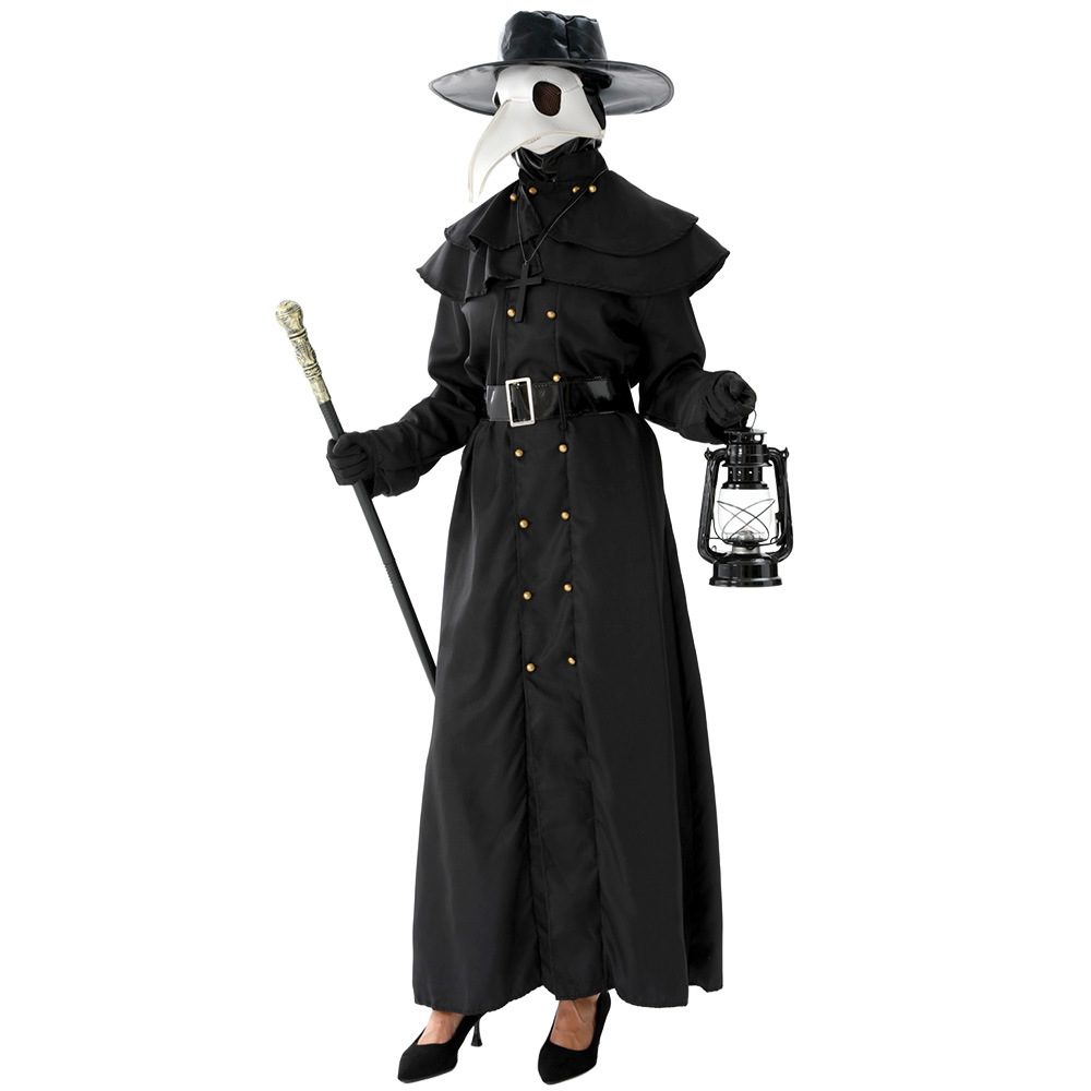 (S) Plague Doctor Halloween Cosplay Outfit Black Beak Raven Mask Horror Physician Costume