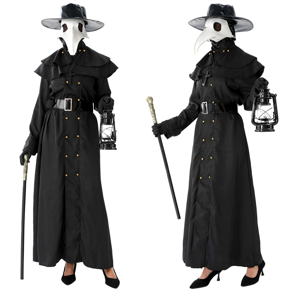 (S) Plague Doctor Halloween Cosplay Outfit Black Beak Raven Mask Horror Physician Costume