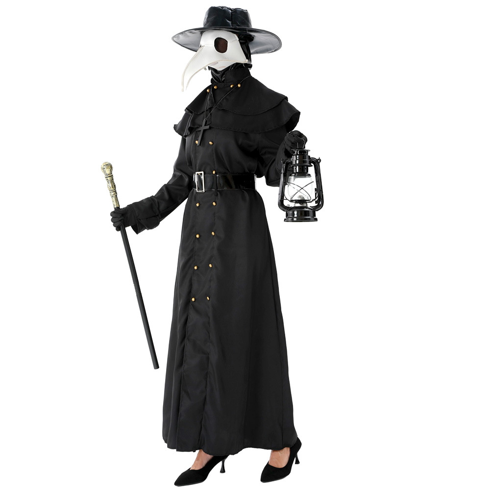 (S) Plague Doctor Halloween Cosplay Outfit Black Beak Raven Mask Horror Physician Costume
